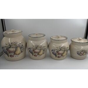 Canister Set w/Lids 4-Pc Casey Pottery Marshall Texas HandPainted Fruit VTG 1998